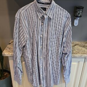 Allen Solly Men's Blue and White Striped Long-Sleeve Shirt Large 100% Cotton